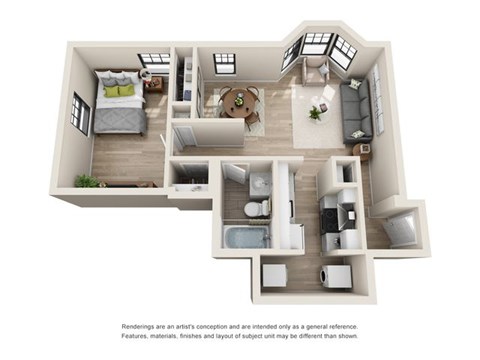 A 3D rendered image of a modern apartment layout.